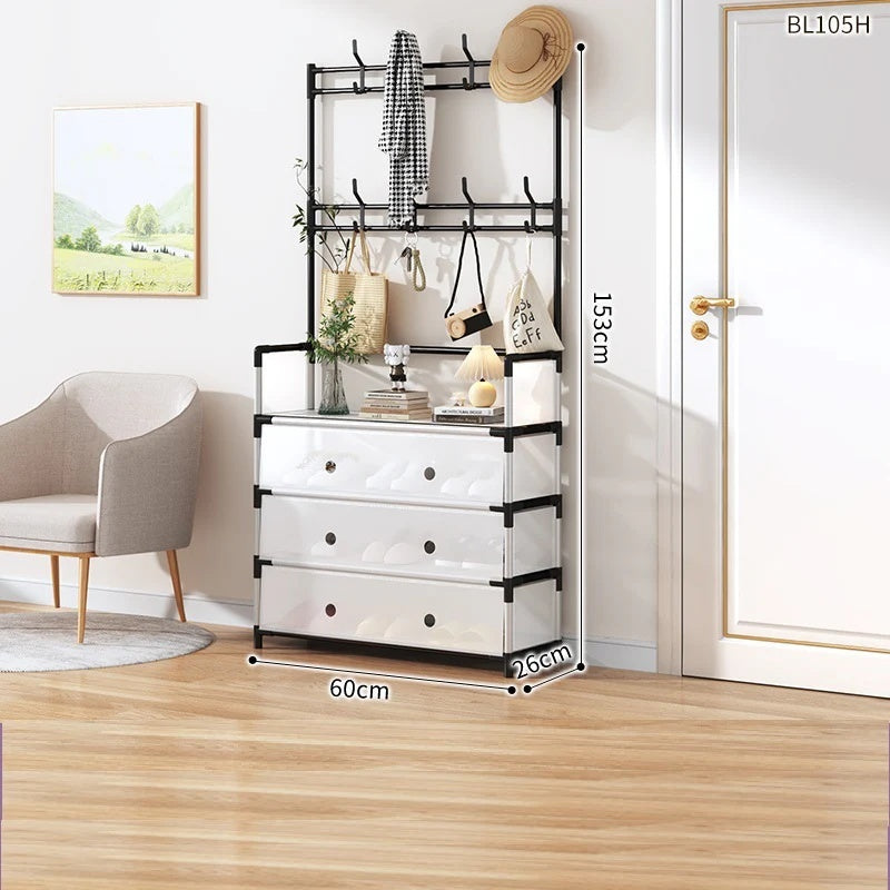 Cuier cu raft pantofi pe 3 niveluri si 8 carlige duble, suport haine si incaltaminte pentru hol, 153 x 60 cm