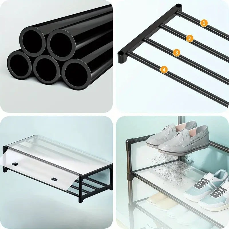 Cuier cu raft pantofi pe 3 niveluri si 8 carlige duble, suport haine si incaltaminte pentru hol, 153 x 60 cm