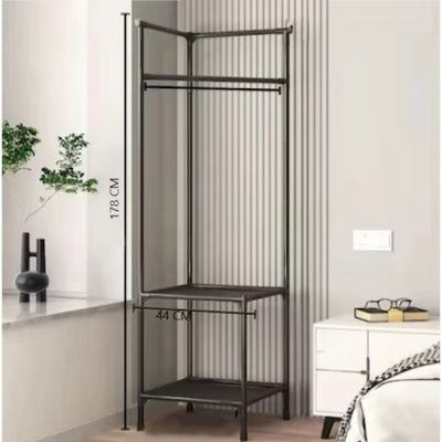 Cuier din metal, pentru colt, cu 2 rafturi si 2 bare pentru agatare, dimensiune 178cm x 44cm x 44 cm, negru