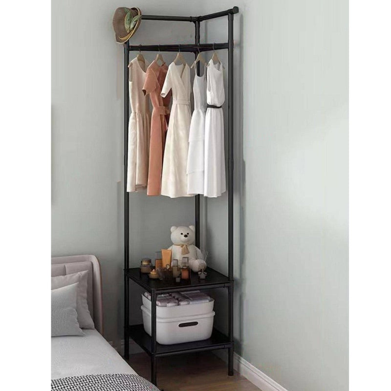 Cuier din metal, pentru colt, cu 2 rafturi si 2 bare pentru agatare, dimensiune 178cm x 44cm x 44 cm, negru