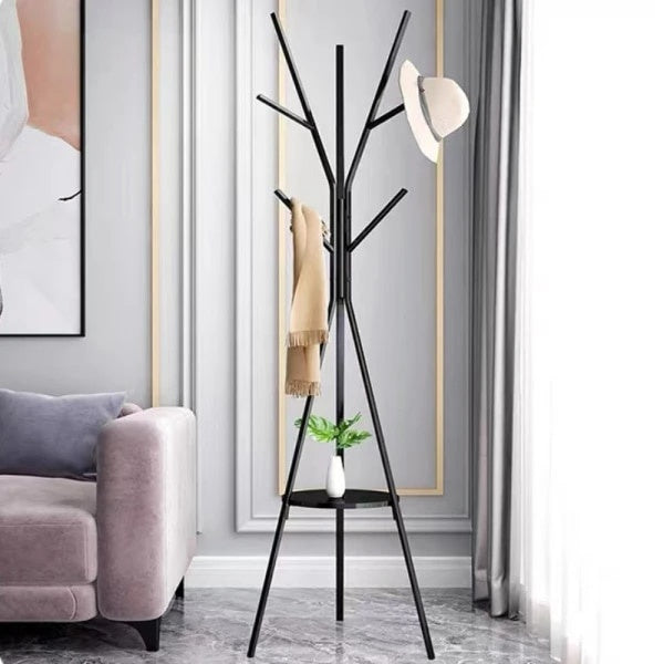 Cuier pentru haine, cu 9 carlige, cu suport din lemn pentru accesorii, din otel carbon, dimensiuni 180 x 45 cm, negru