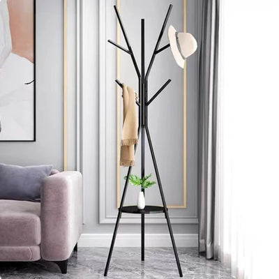 Cuier pentru haine, cu 9 carlige, cu suport din lemn pentru accesorii, din otel carbon, dimensiuni 180 x 45 cm, negru