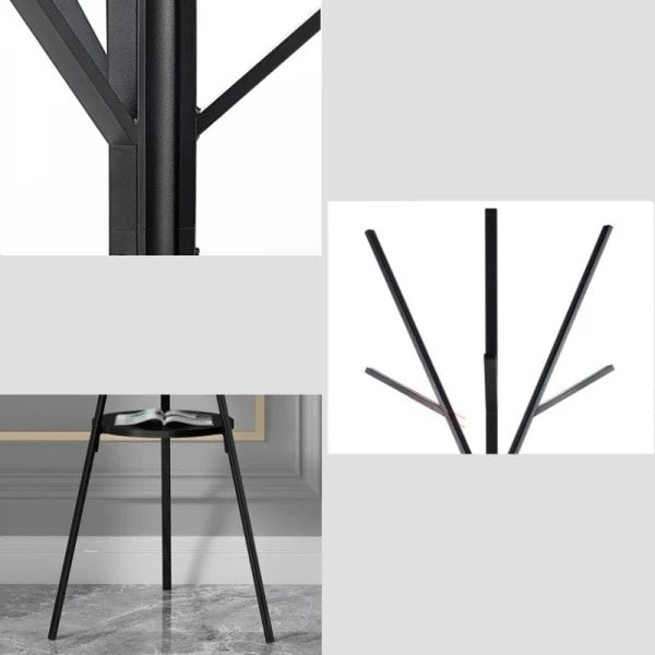Cuier pentru haine, cu 9 carlige, cu suport din lemn pentru accesorii, din otel carbon, dimensiuni 180 x 45 cm, negru