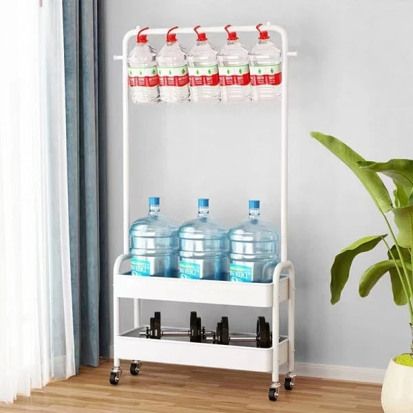 Cuier portabil, din otel carbon, pentru umerase si haine, compartiment incaltaminte, 2 rafturi, 2 carlige, 4 rotile, dimensiuni 159 x 67 x 30 cm, alb