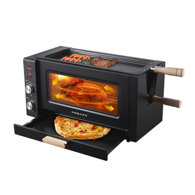 Cuptor 3 in 1, pentru grill, copt, pizza, capacitate 25L, putere 3000W, temperatura reglabila 0–230 ℃, temporizator, multiple functii, negru