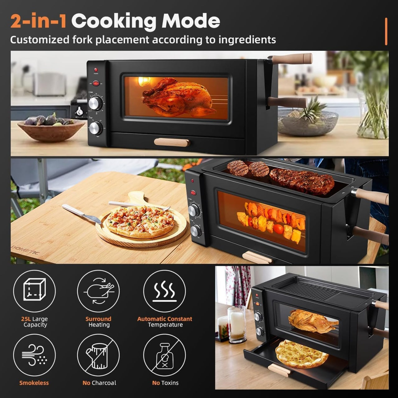 Cuptor 3 in 1, pentru grill, copt, pizza, capacitate 25L, putere 3000W, temperatura reglabila 0–230 ℃, temporizator, multiple functii, negru