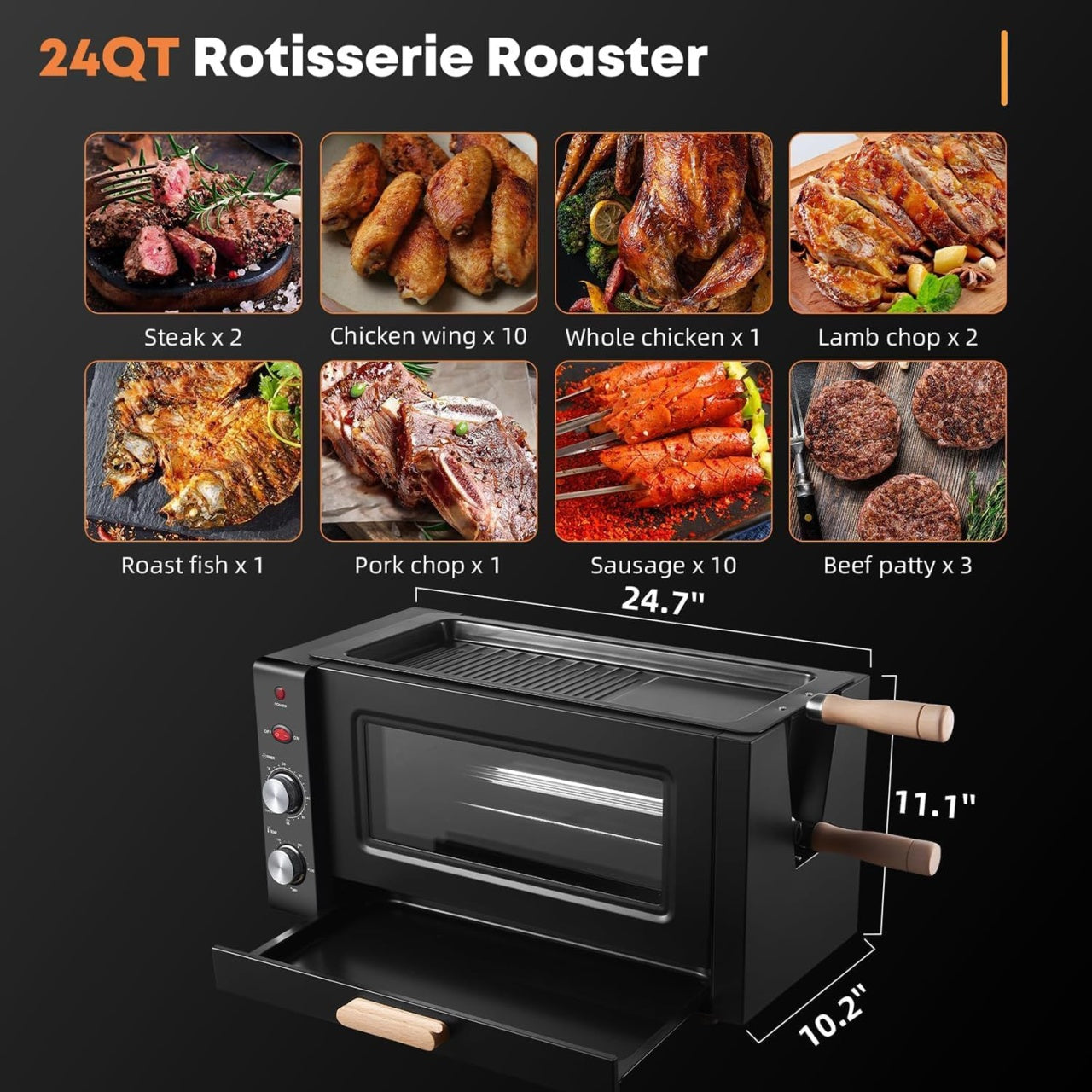 Cuptor 3 in 1, pentru grill, copt, pizza, capacitate 25L, putere 3000W, temperatura reglabila 0–230 ℃, temporizator, multiple functii, negru