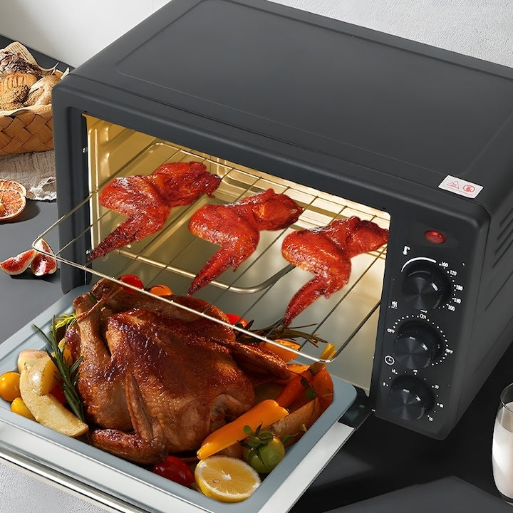 Cuptor electric cu butoane de reglare a temperaturii, a sursei de caldura, a timpului, tavita si grilaj, sticla securizata, maner ergonomic, 48 L, negru