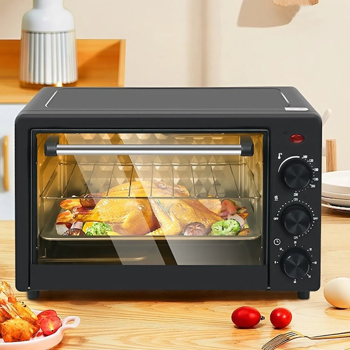 Cuptor electric cu butoane de reglare a temperaturii, a sursei de caldura, a timpului, tavita si grilaj, sticla securizata, maner ergonomic, 48 L, negru