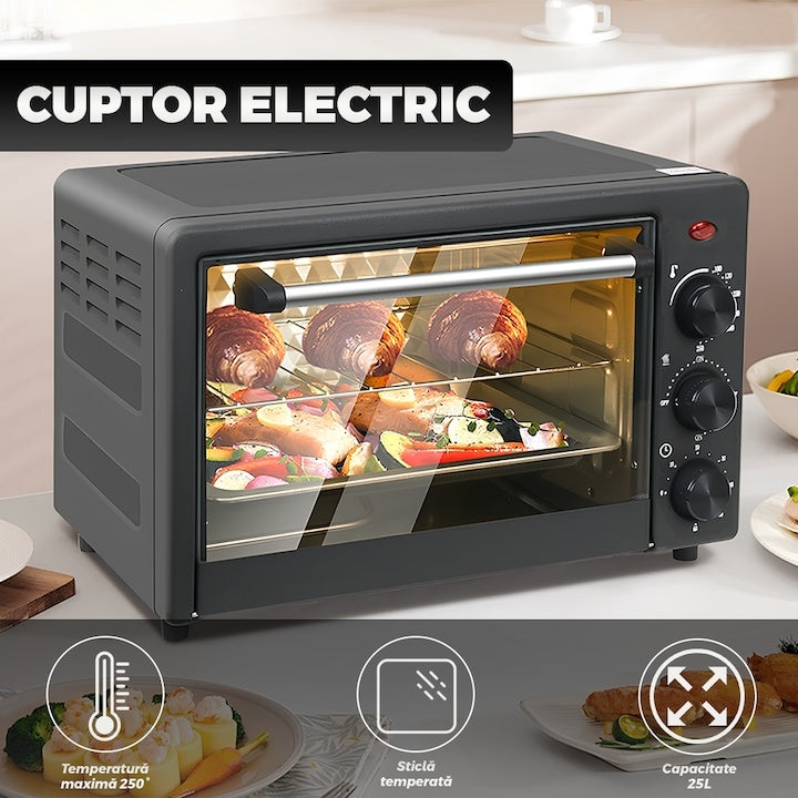 Cuptor electric cu butoane de reglare a temperaturii, a sursei de caldura, a timpului, tavita si grilaj, sticla securizata, maner ergonomic, 48 L, negru