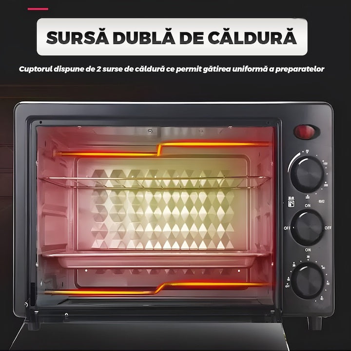 Cuptor electric cu butoane de reglare a temperaturii, a sursei de caldura, a timpului, tavita si grilaj, sticla securizata, maner ergonomic, 48 L, negru