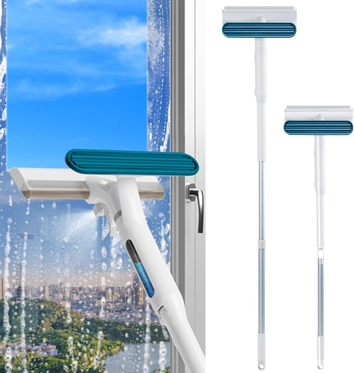 Curatator de geamuri cu functie de pulverizare, cu maner telescopic, brat rotativ la 45°, racleta de geam din silicon, gri