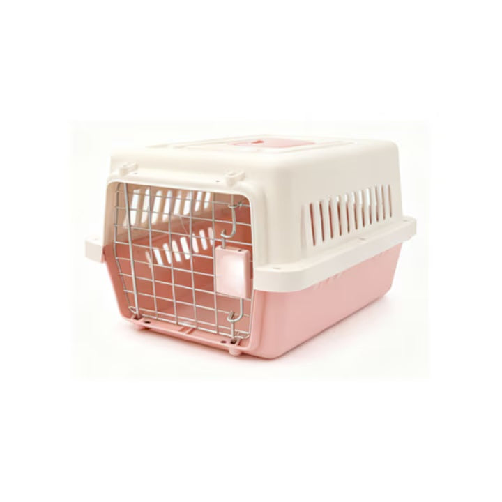 Cusca de transport pentru animale, PP rezistent, usa din otel inoxidabil, 48×32×29.5 cm, Roz