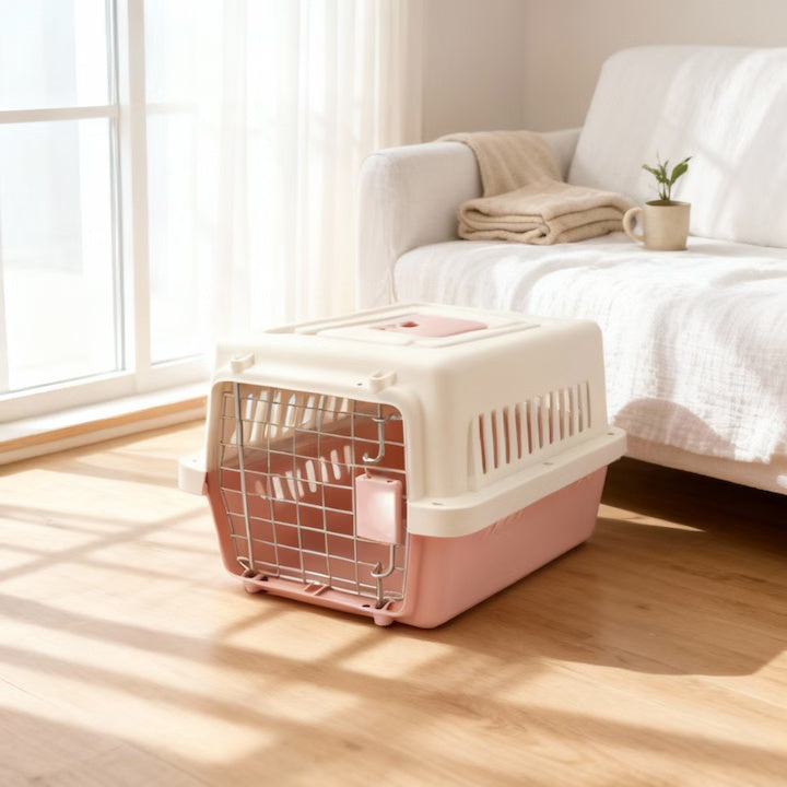Cusca de transport pentru animale, PP rezistent, usa din otel inoxidabil, 48×32×29.5 cm, Roz