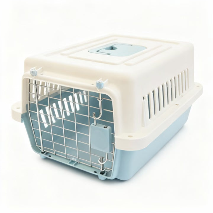 Cusca de transport pentru animale, PP rezistent, usa din otel inoxidabil, 48×32×29.5 cm, Albastru