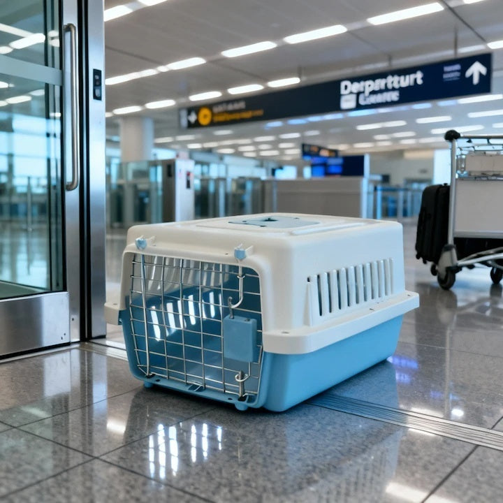 Cusca de transport pentru animale, PP rezistent, usa din otel inoxidabil, 48×32×29.5 cm, Albastru