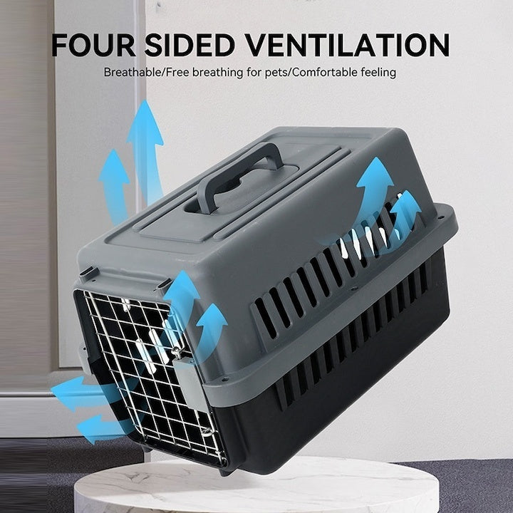 Cusca de transport pentru animale, PP rezistent, usa din otel inoxidabil, 48×32×29.5 cm, Albastru