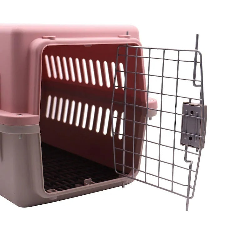 Cusca de transport pentru caini si pisici, PP rezistent, usa din otel inoxidabil, 48×32×29.5 cm, Roz