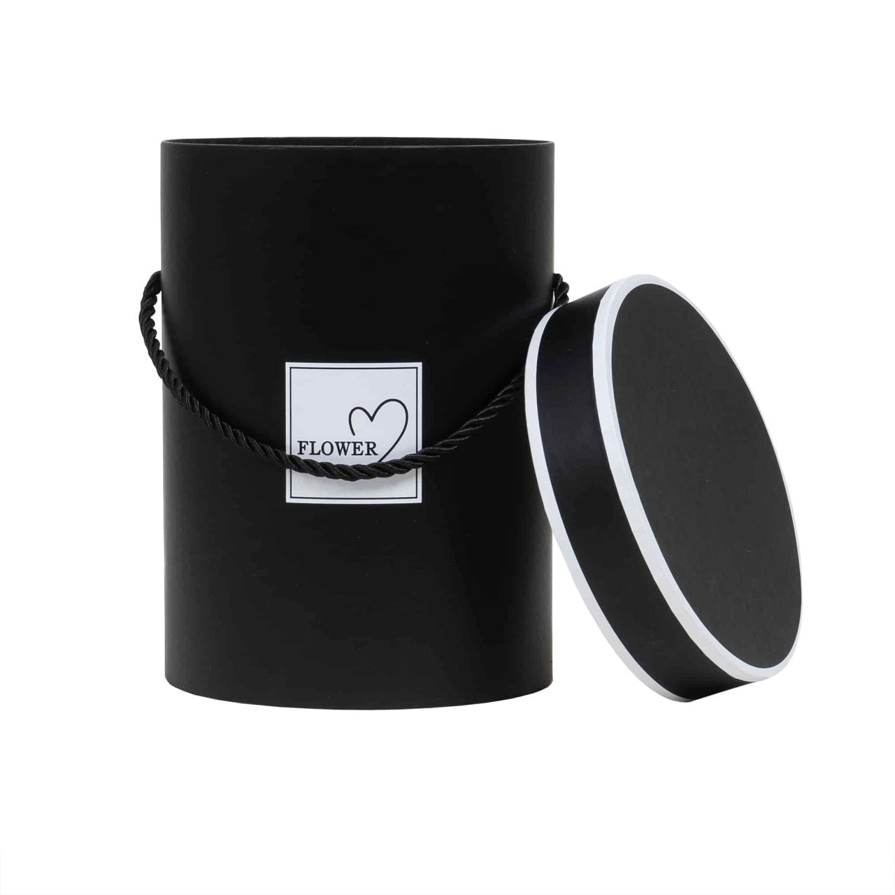 Cutie cilindrica neagra cu model, inaltime 18 cm, diametru 13.5 cm