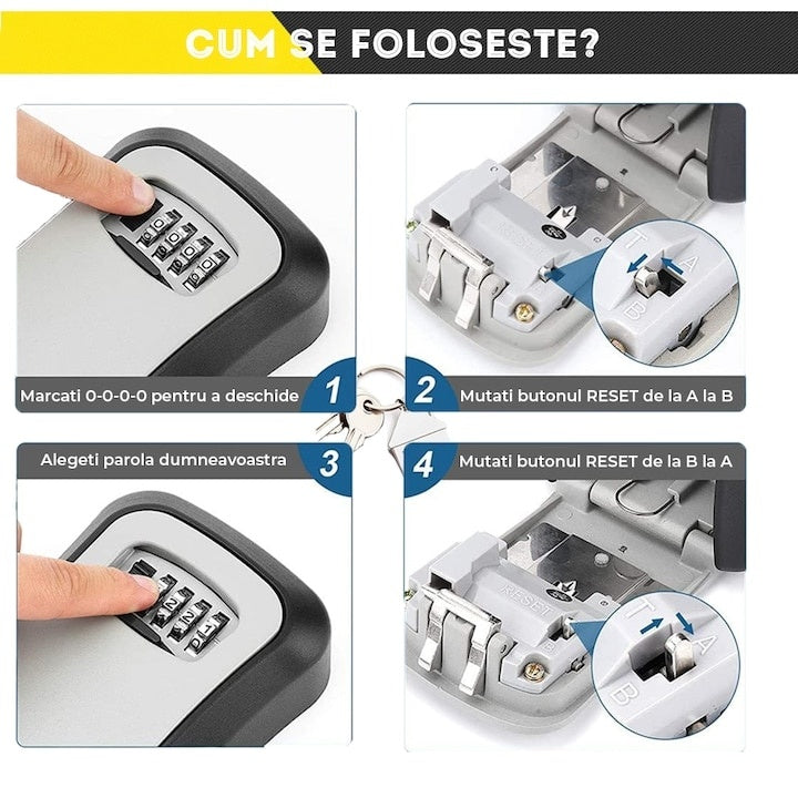 Cutie pentru chei, cu cifru, cu prindere in perete, din ABS, cod din 4 cifre, pentru 3 chei, kit de montare inclus, gri/negru