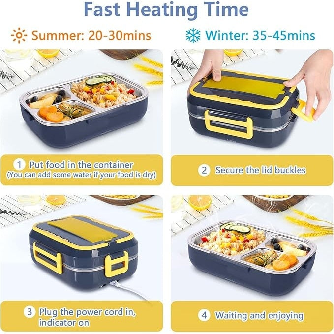 Cutie pentru pranz, electrica, cu 2 prize, capacitate 1.5L, cu 3 compartimente, ideala pentru calatorii, albastru