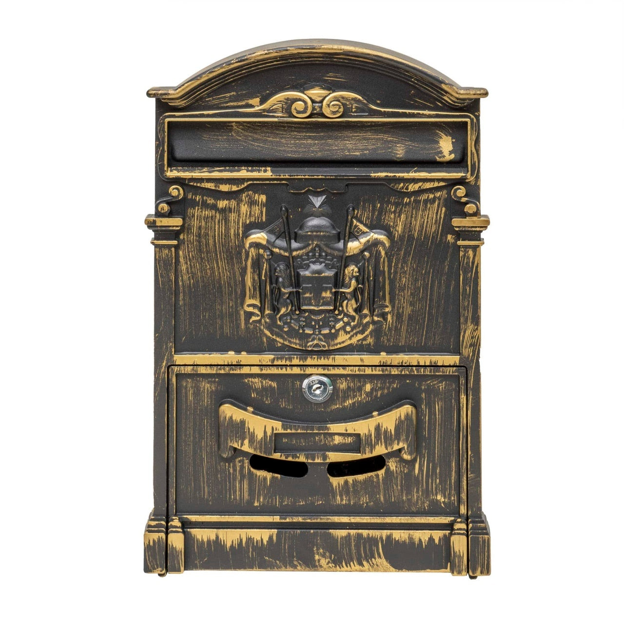 Cutie postala metalica pentru exterior, 410x260x90mm, auriu, design imperial rustic