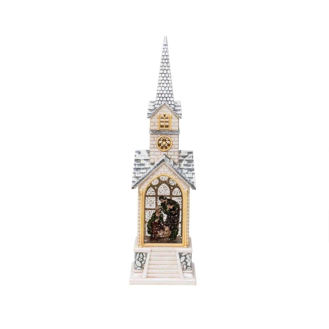 Decoratiune Craciun biserica muzicala cu lumini LED si fulgi de zapada, 39 cm