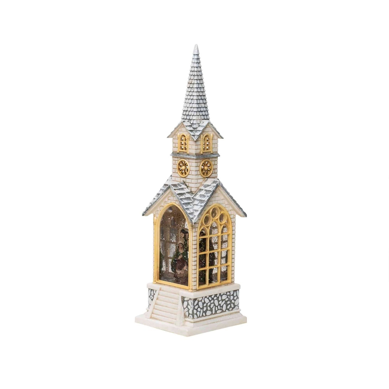 Decoratiune Craciun biserica muzicala cu lumini LED si fulgi de zapada, 39 cm