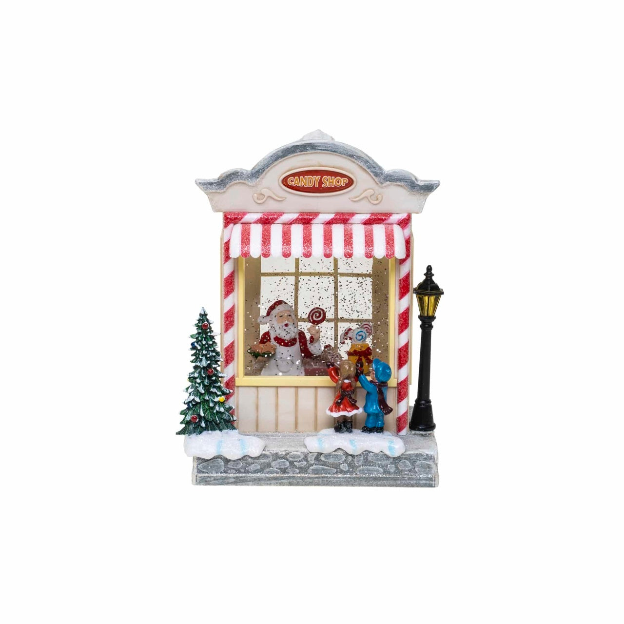 Decoratiune Craciun casuta cu dulciuri, muzicala, luminoasa, USB/baterii, 22cm
