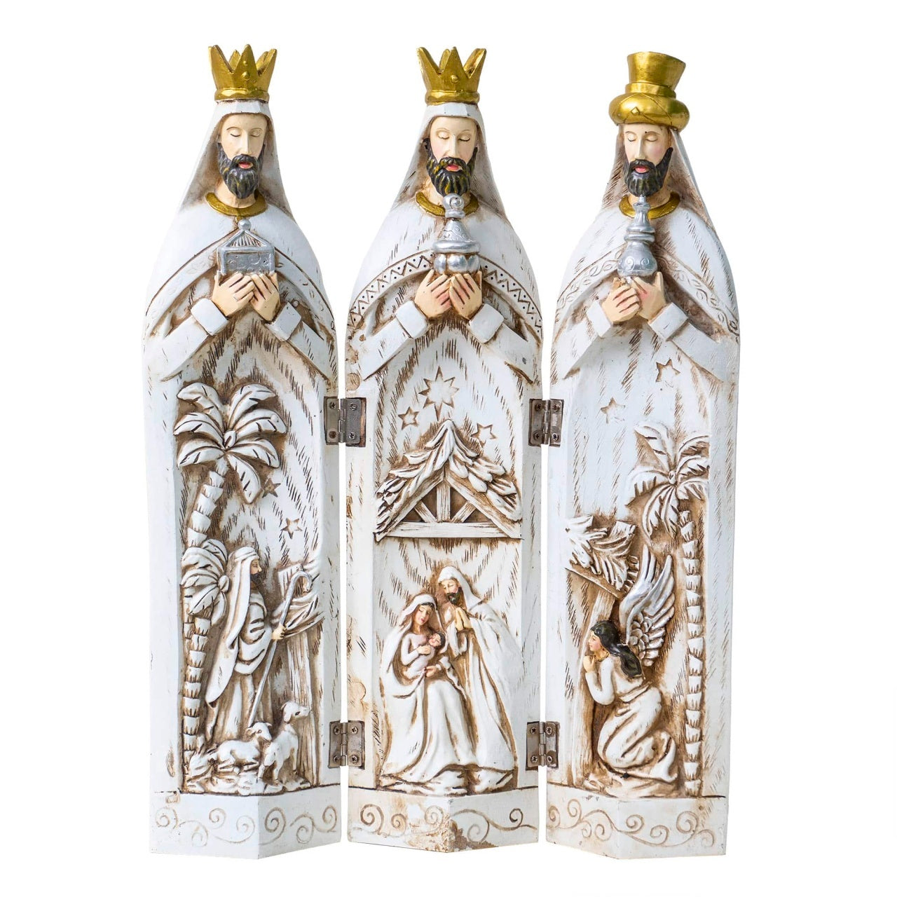 Decoratiune Craciun din ceramica, 3 magi, inaltime 44cm, culoare crem