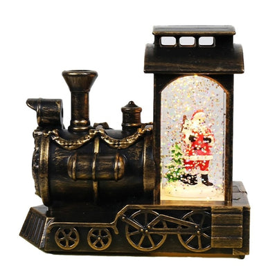 Decoratiune de Craciun tip locomotiva, glob de cristal cu fulgi de zapada, model Mos Craciun, iluminare LED, 11.5 x 12.5 x 6 cm, muzical, maro