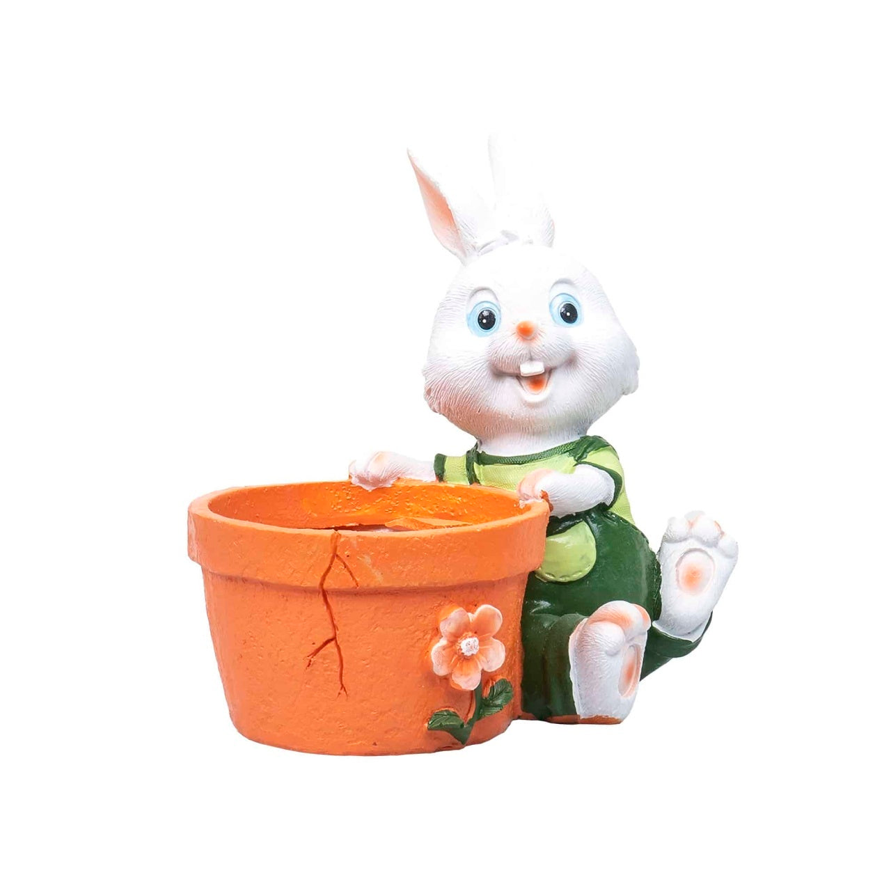 Decoratiune gradina iepure cu ghiveci pentru flori, rasina, 17cm, alb