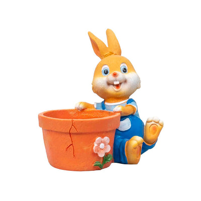 Decoratiune gradina iepure cu ghiveci pentru flori, rasina, inaltime 17cm galben