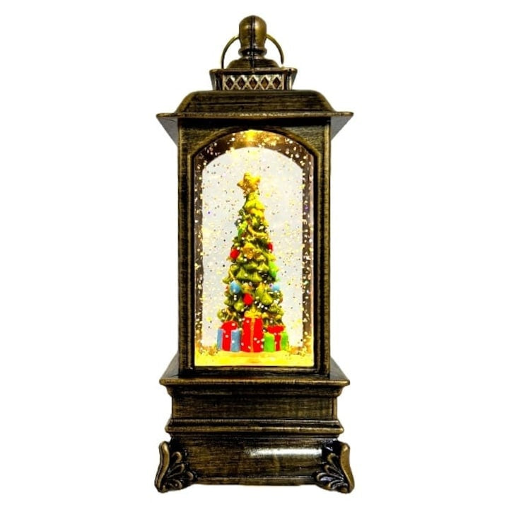 Decoratiune luminoasa si muzicala cu tematica de Craciun, tip felinar, cu brad impodobit si cadouri, din metal si plastic, maro