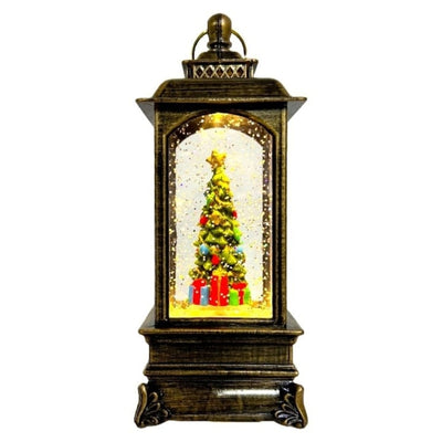 Decoratiune luminoasa si muzicala cu tematica de Craciun, tip felinar, cu brad impodobit si cadouri, din metal si plastic, maro