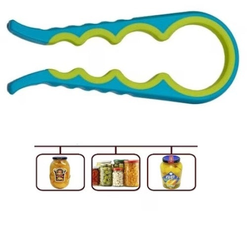 Desfacator capace borcane si sticle, din plastic, cu 4 dimensiuni, cu sistem anti-alunecare, lungime 22.5 cm, albastru/galben