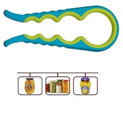 Desfacator capace borcane si sticle, din plastic, cu 4 dimensiuni, cu sistem anti-alunecare, lungime 22.5 cm, albastru/galben
