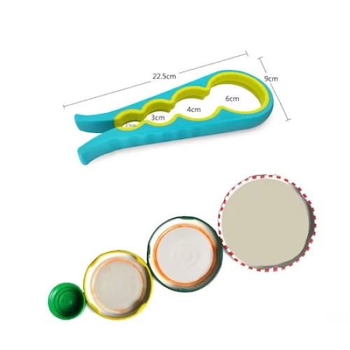 Desfacator capace borcane si sticle, din plastic, cu 4 dimensiuni, cu sistem anti-alunecare, lungime 22.5 cm, albastru/galben