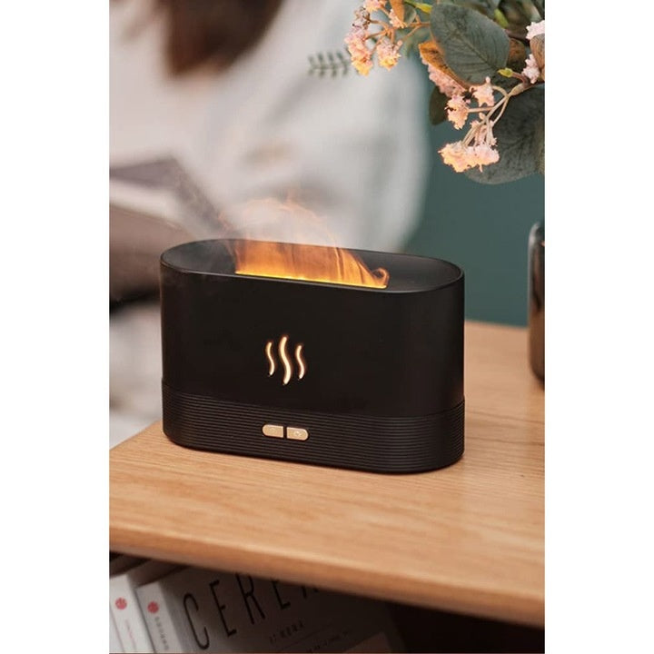 Difuzor aromaterapie si umidificator ultrasonic, cu efect de flacara, cablu USB, 180 ml, 17x10x7 cm