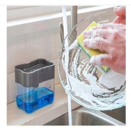 Dispencer pentru detergent de vase, cu suport pentru burete, din plastic, din ABS, cu doua compartimente, gri