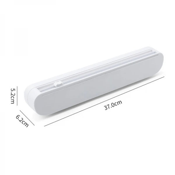 Dispenser pentru folia alimentara cu lama de taiere, dimensiuni 37 x 6.2 x 5.2 cm, buton de taiere in doua directii, ventuze de prindere, alb