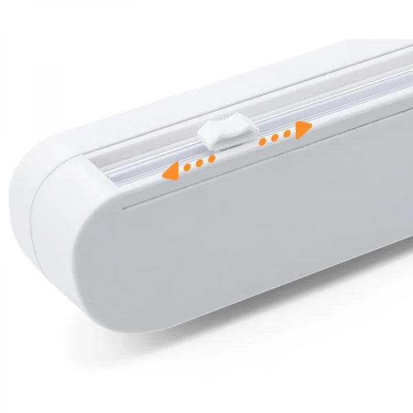 Dispenser pentru folia alimentara cu lama de taiere, dimensiuni 37 x 6.2 x 5.2 cm, buton de taiere in doua directii, ventuze de prindere, alb