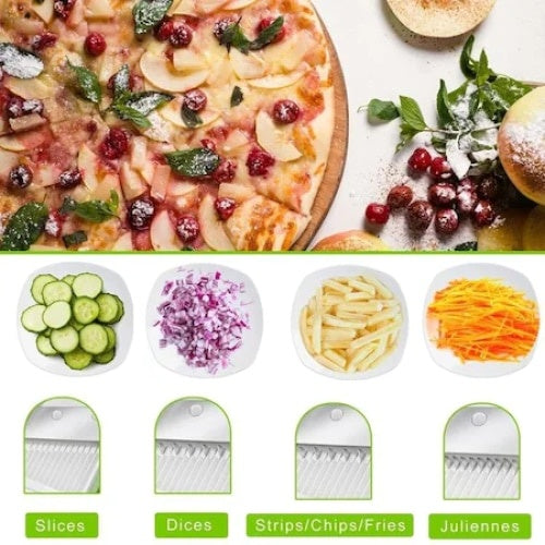Dispozitiv de feliat, tocat si maruntit, pentru legume si fructe, cu peste 20 de taieturi, alb/verde