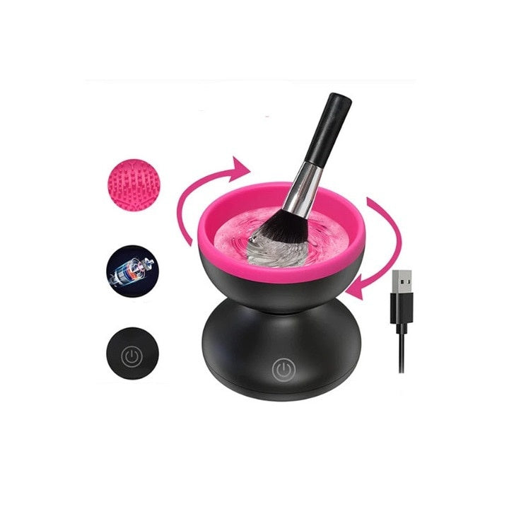 Dispozitiv electric pentru curatarea pensulelor de machiaj, interior cu striatii din silicon, incarcare USB, buton on/off, negru