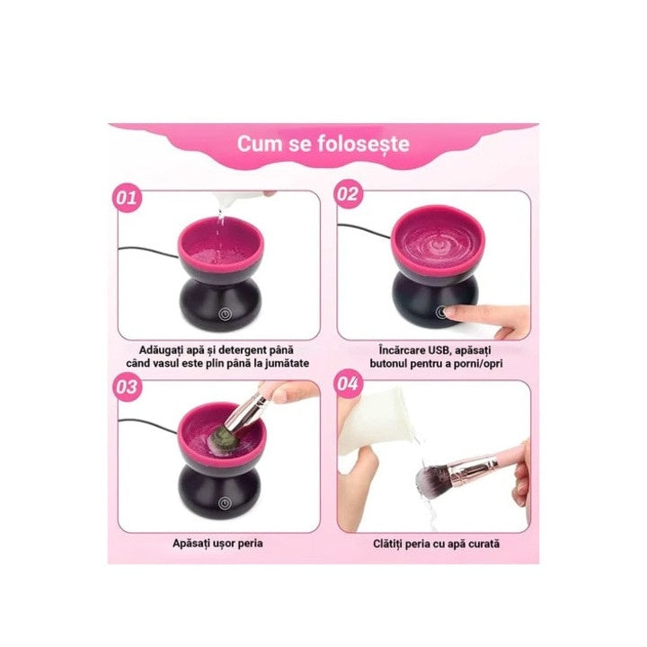 Dispozitiv electric pentru curatarea pensulelor de machiaj, interior cu striatii din silicon, incarcare USB, buton on/off, negru