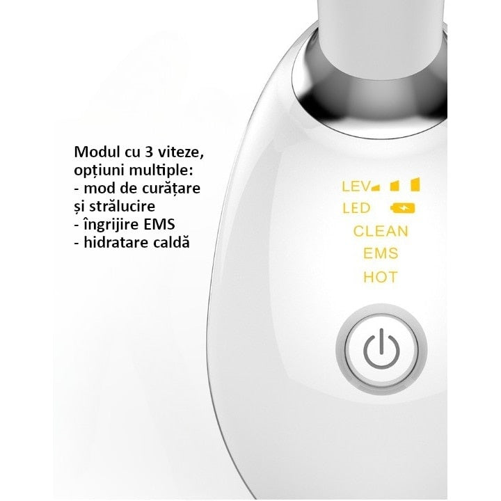 Dispozitiv facial profesional, pentru hidratarea, eliminarea ridurilor, ingrijirea tenului, gatului, stimulare EMS, incalzire, vibromasaj, efect anti-imbatranire, alb