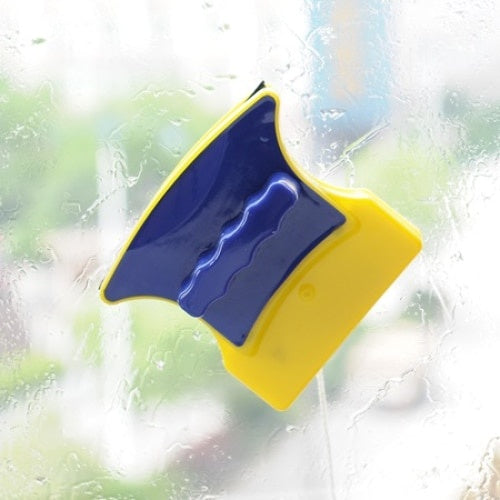 Dispozitiv magnetic pentru spalarea geamurilor, dimensiuni 11 x 10 x 5 cm, cu sfoara de siguranta, galben/albastru