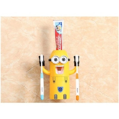 Dozator pasta de dinti, Minion, 2 suporturi pentru periuta de dinti, din plastic, galben