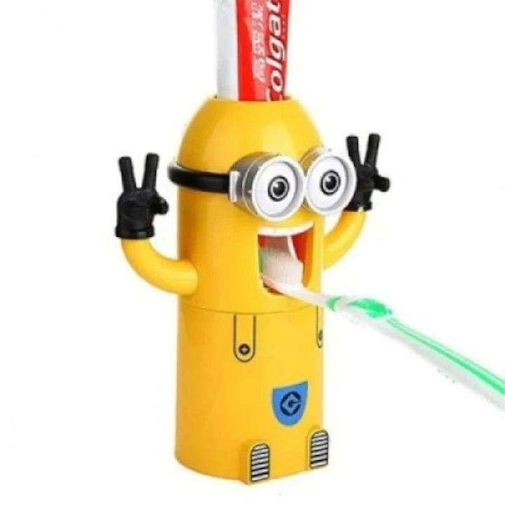 Dozator pasta de dinti, Minion, 2 suporturi pentru periuta de dinti, din plastic, galben