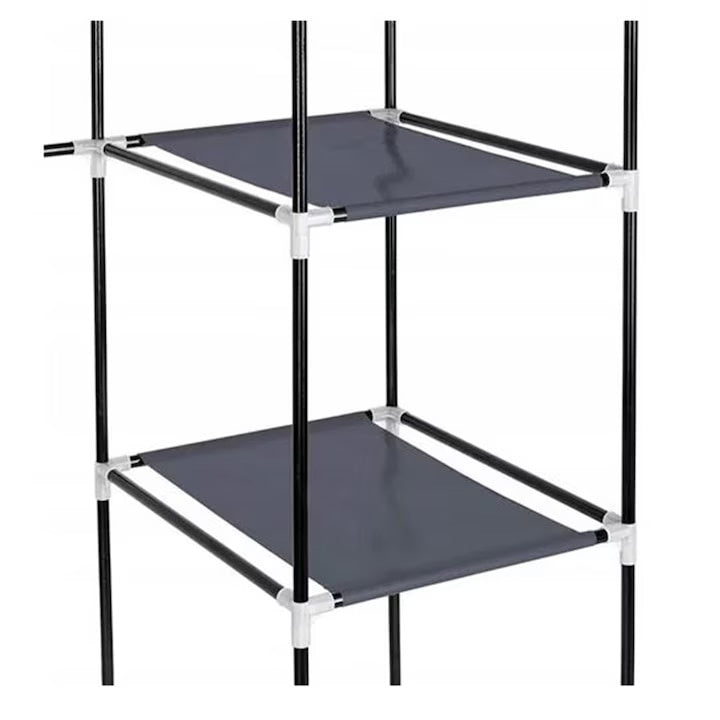 Dulap din material textil, cu cadru de metal si plastic, impermeabil, cu 8 rafturi, dimensiuni 105x45x170 cm, cu 2 bare pentru haine, gri
